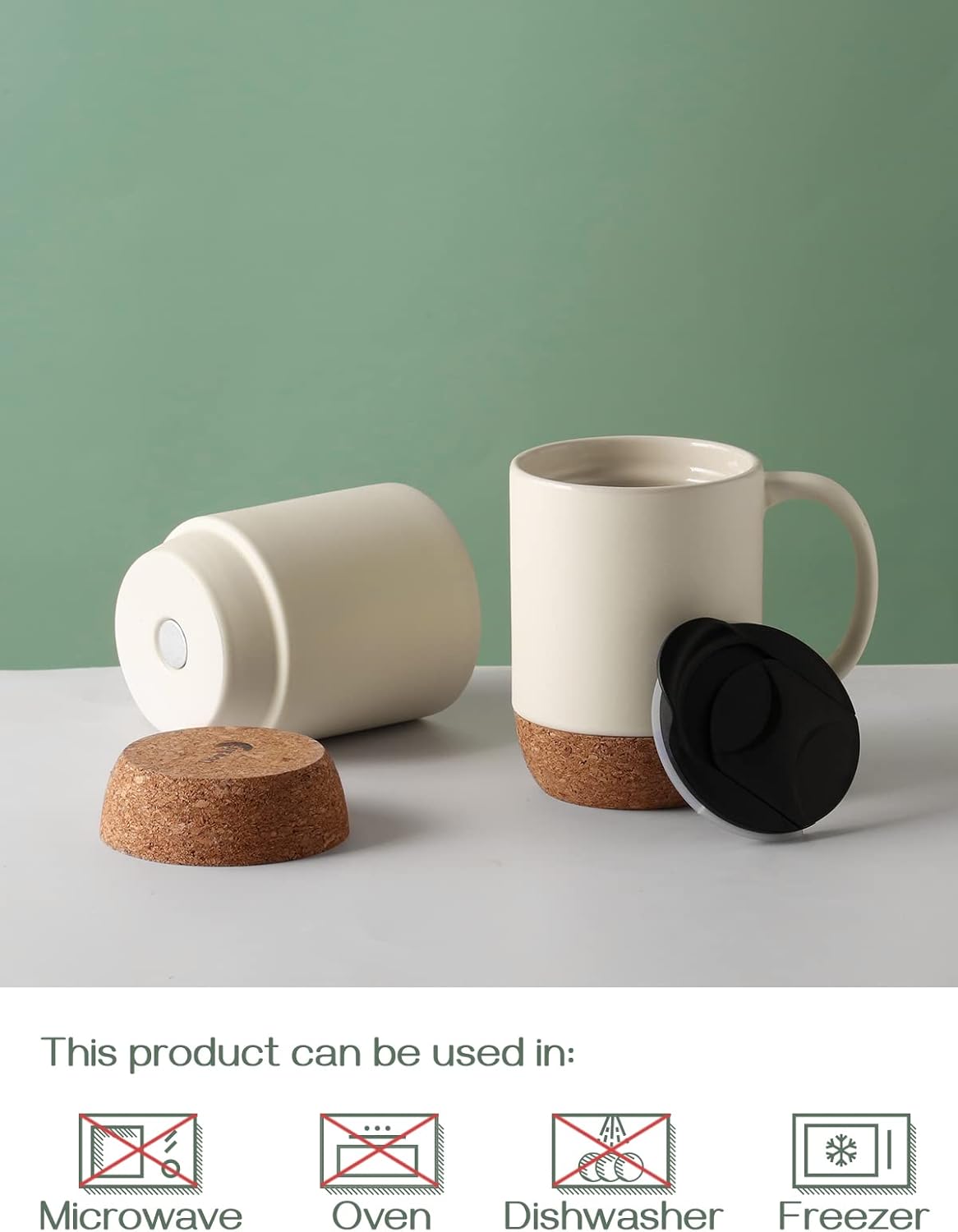 DOWAN Coffee Mugs Set of 2, 15 OZ Ceramic Mug with Cork Bottom and Splash Proof Lid, Large Coffee Cup with Handle for Tea Latte, Beige