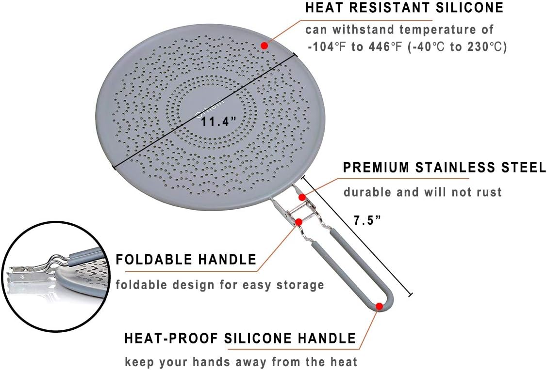 11" Silicone Splatter Screen Pan Cover with Folding Handle, Heat Insulation Cooling Mat, Strainer, Drain Board, Oil Splash Guard for Frying Pan