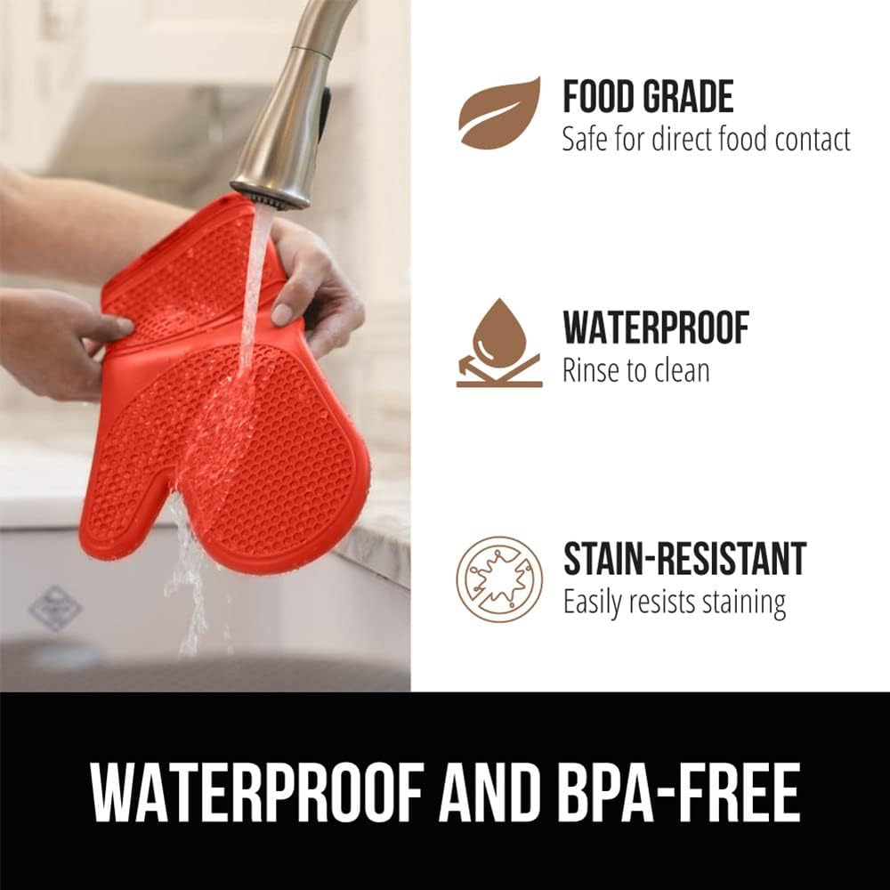GORILLA GRIP BPA-Free Soft Silicone Oven Mitts, Heat Resistant and Waterproof Cooking Gloves, Thick Cotton Lining, Flexible Gripping for Baking Grilling, Kitchen Potholders Set of 2, 12.5x8.3, Coral