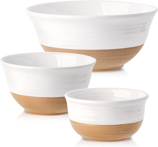 Hasense Ceramic Mixing Bowls, Large Salad Pasta Bowls Set, 2.1/1.0/0.5 Qt Serving Bowls for Entertaining, White Nesting Batter Bowls for Prepping Baking, Dishwasher Microwave Safe, Set of 3