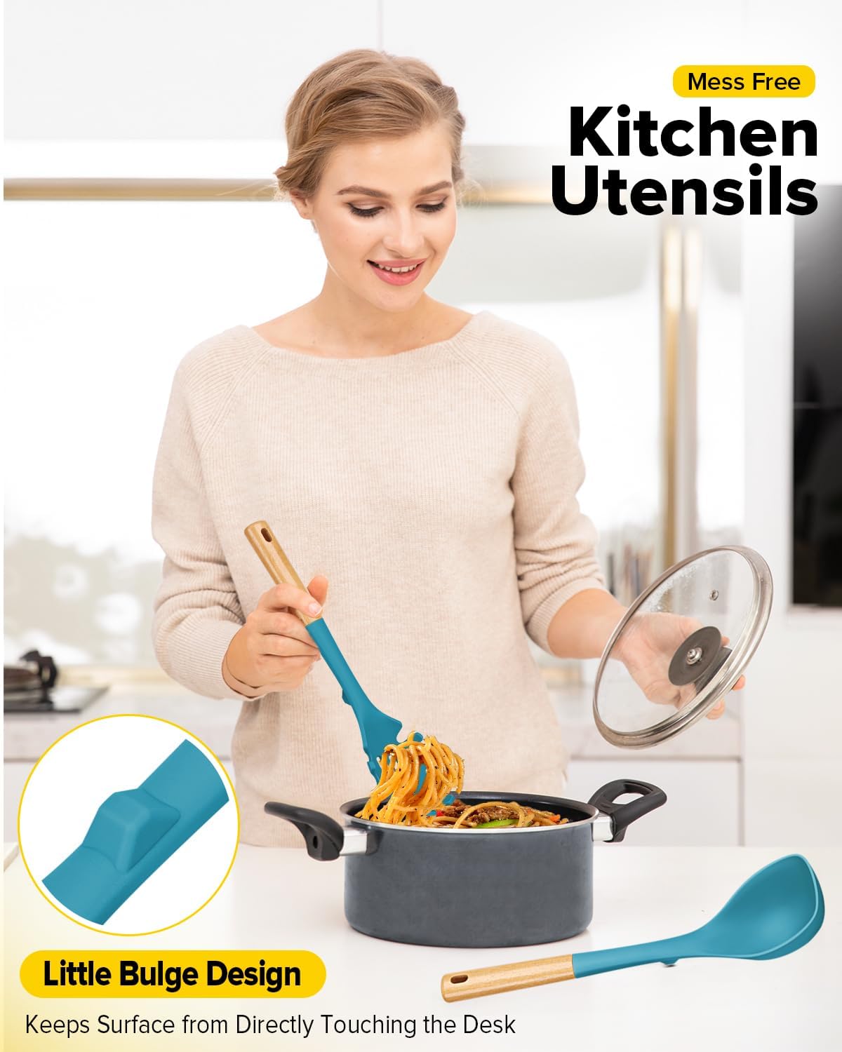 Silicone Soup Ladle and Spaghetti Spoon Set with Wooden Handle, Non Stick Heat Resistant Kitchen Utensils for Cooking, Stirring, Serving Pasta, Soup & Sauce(BLUE)