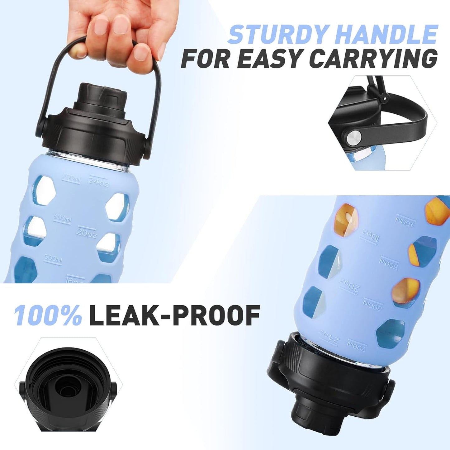 MUKOKO Glass Water Bottles,24oz Glass Tumbler with Straw,Drinking Bottles with 2 Lids-Handle Spout Lid&Bamboo Straw Lid,Motivational Water Bottle with Time Marker and Silicone Sleeve,1 Pack-Glacier