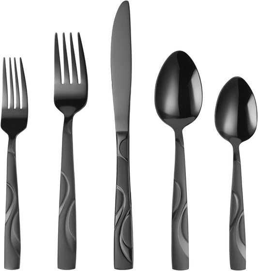 Black Silverware Set, 30 Pieces Stainless Steel Flatware Utensils, Cutlery Set Service for 6 Including Fork Spoon and Knife, Dishwasher Safe