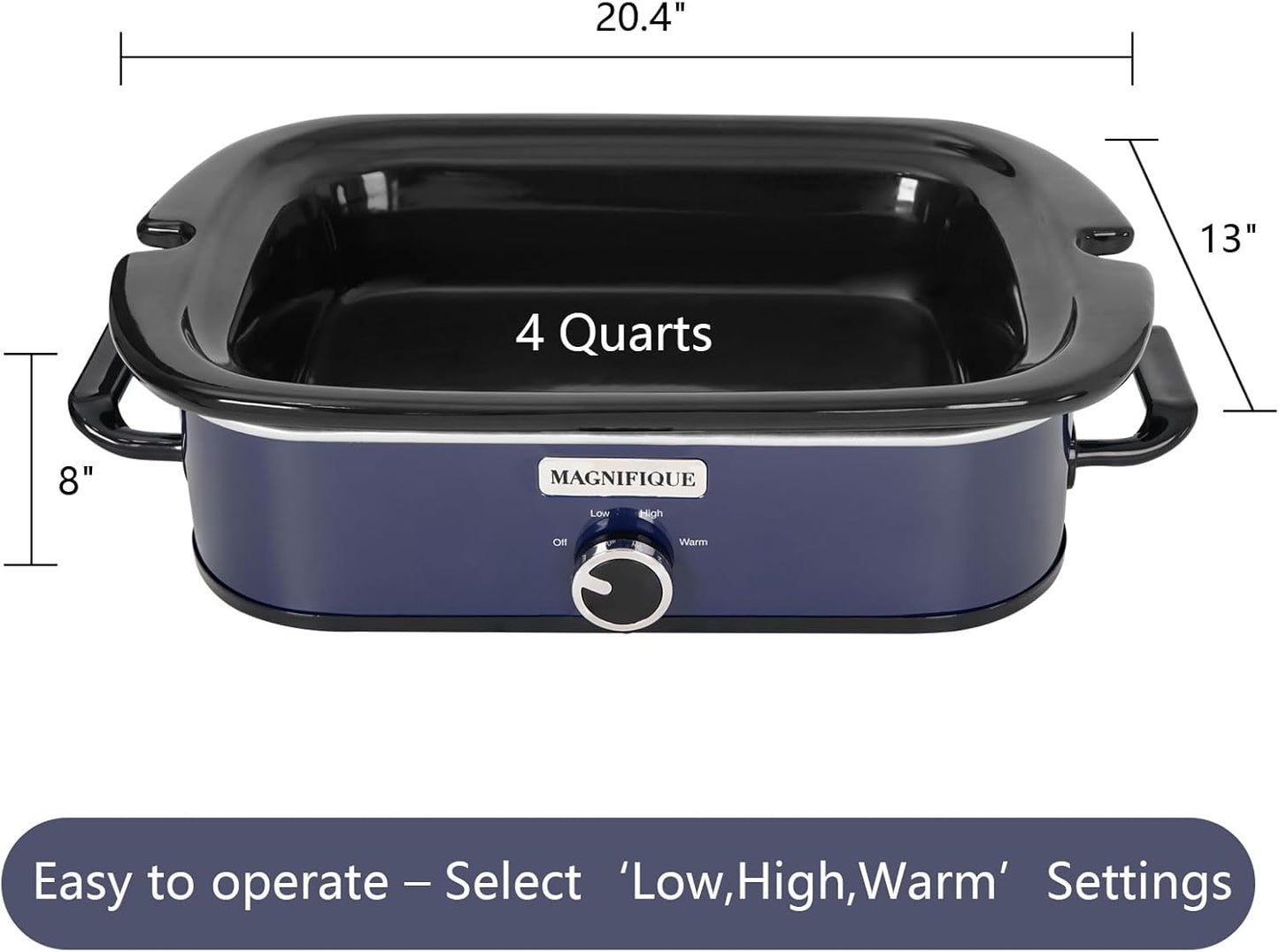 4-Quart Slow Cooker with Casserole Manual Warm Setting - Perfect Kitchen Small Appliance for Family Dinners, Dishwasher Safe Crock, Blue