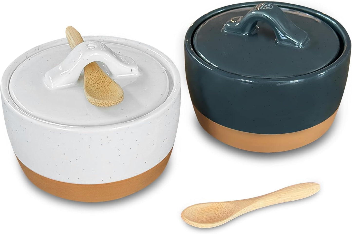 Mora Ceramic Salt and Pepper Cellar Set with Lid - 10 oz Modern Canister/Container/Bowl for Storage, Sea Salt, Spice, Sugar, Countertop - Small Dish/Jar with Wood Spoon, Black & White Crock