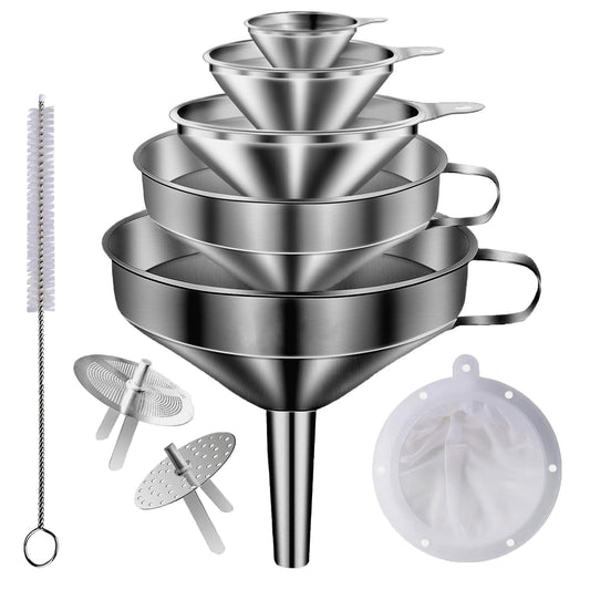 Stainless Steel Funnels for Kitchen use,5 Different Sizes of Kitchen funnels,Metal Funnel with 2 Removable Strainer,Cleaning Brush,200 Mesh Food Filter,for Transferring of Liquid,Oils,Jam