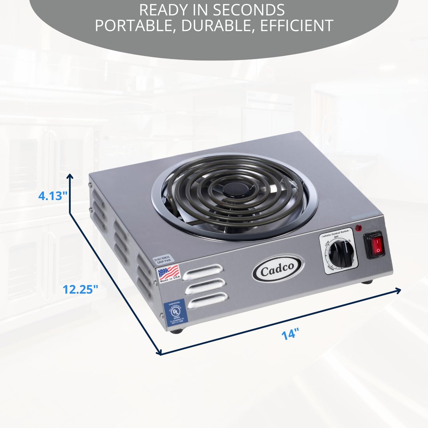 Cadco CSR-3T(220) 14" Electric Portable Countertop Hi-Power Hot Plate w/One Tubular Burner for Restaurant Hotel Food Truck Concession Kiosk, Stainless Steel, 220v