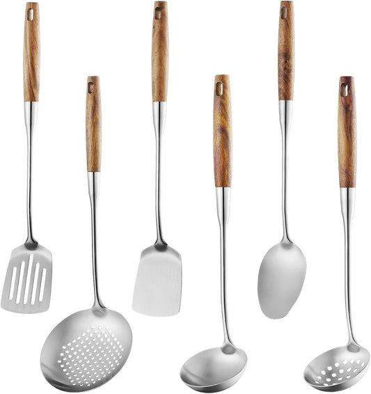 Lazycorner 304 Wooden Handle Stainlss Steel Kitchen Utensils Set 6 Pcs Cooking Utensils Set Heat Resistant Wooden Handle Kitchen Tools, Stainless Steel Wok Spatula