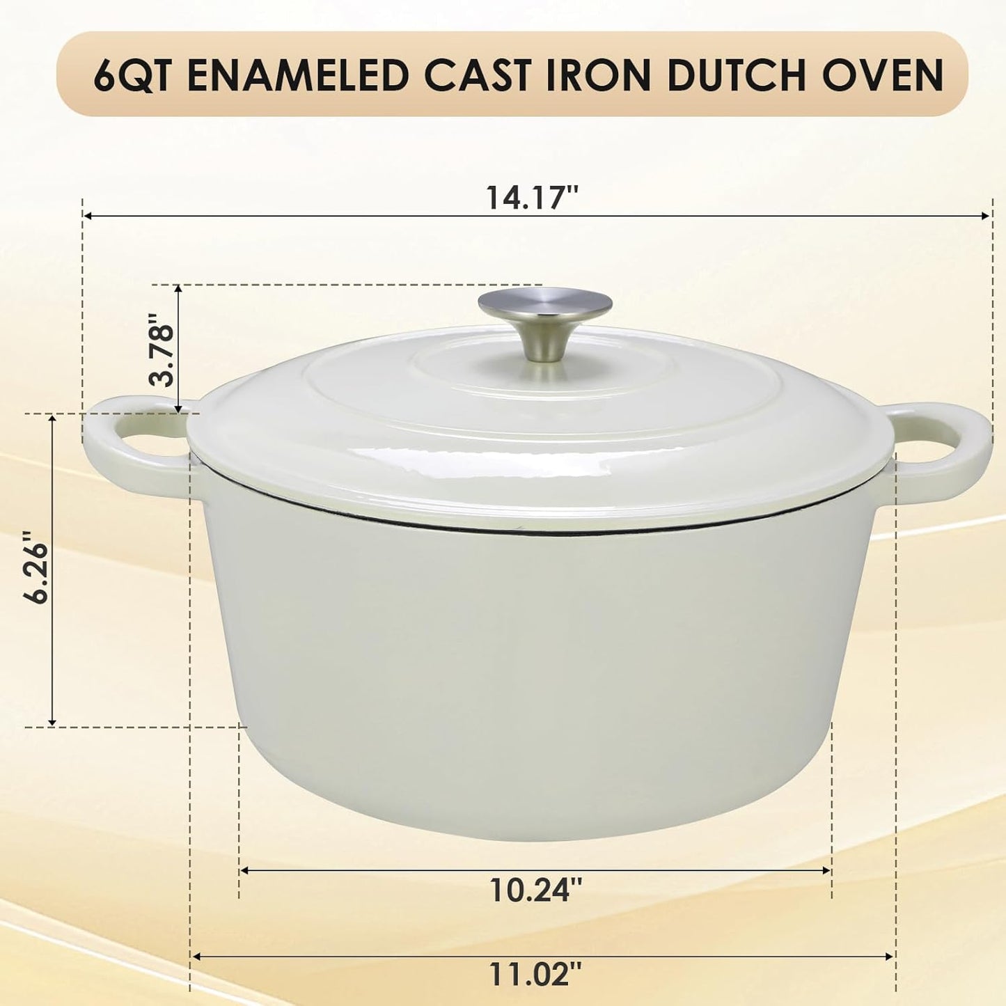 LIFERUN 6 Qt Enameled Cast Iron Dutch Oven Pot with Lid，Oven Safe up to 500° F, Non-Stick Dutch Oven with Dual Handles for Bread Baking, Fry Foods, Braising, Stews, Roasting (White)