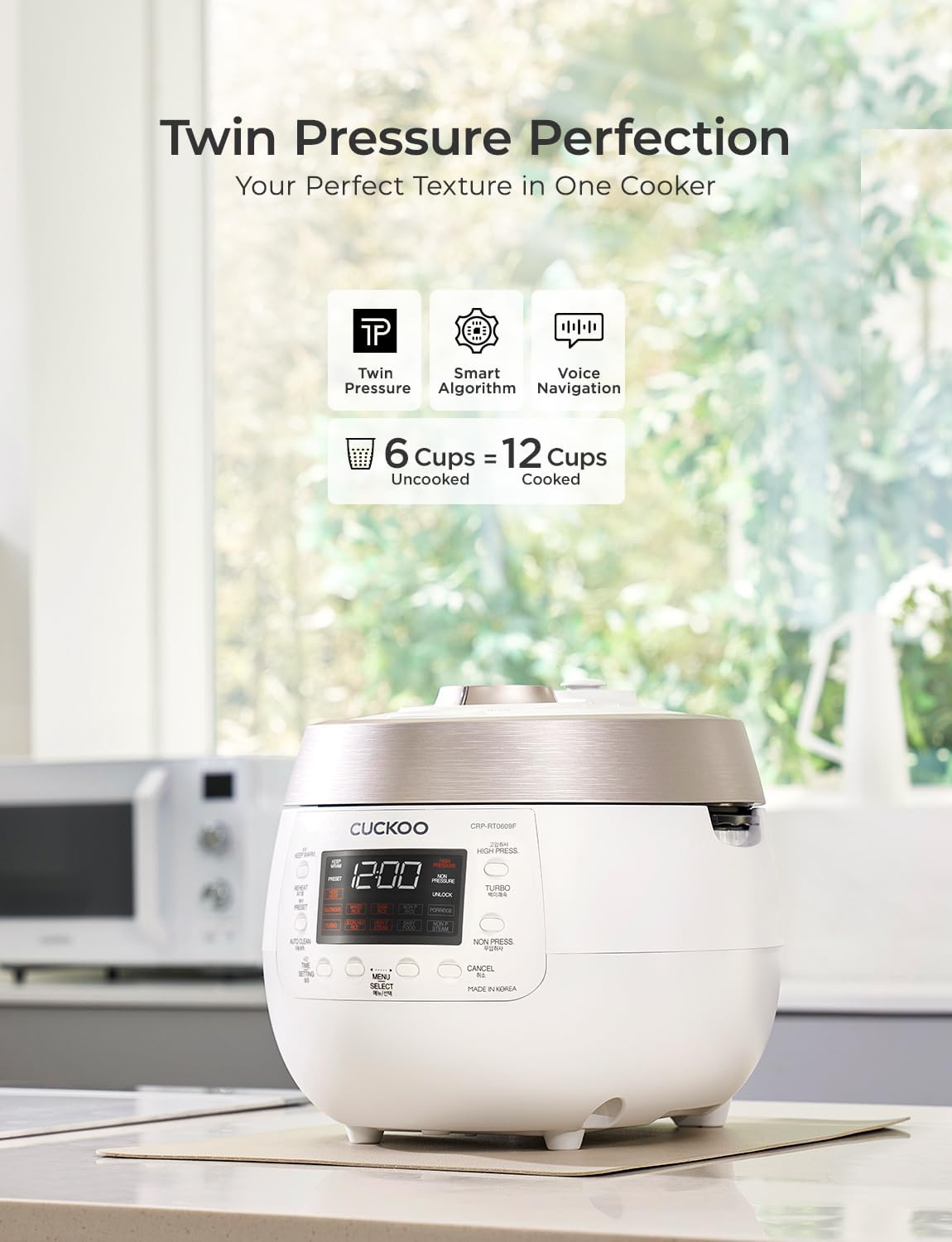 CUCKOO CRP-RT0609FW 6-Cup (Uncooked) / 12-Cup (Cooked) Twin Pressure Rice Cooker & Warmer with Nonstick Inner Pot, 14 Menu Options, Safe Steam Release, 3 Voice Guide, Auto Clean (White)