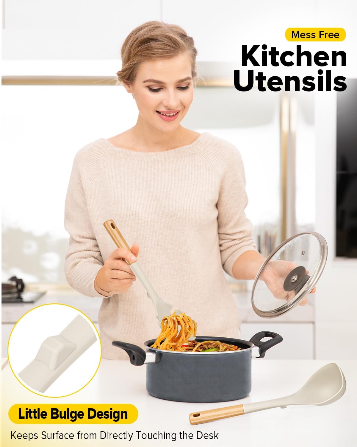 Silicone Soup Ladle and Spaghetti Spoon Set with Wooden Handle, Non Stick Heat Resistant Kitchen Utensils for Cooking, Stirring, Serving Pasta, Soup & Sauce(KHAKI)