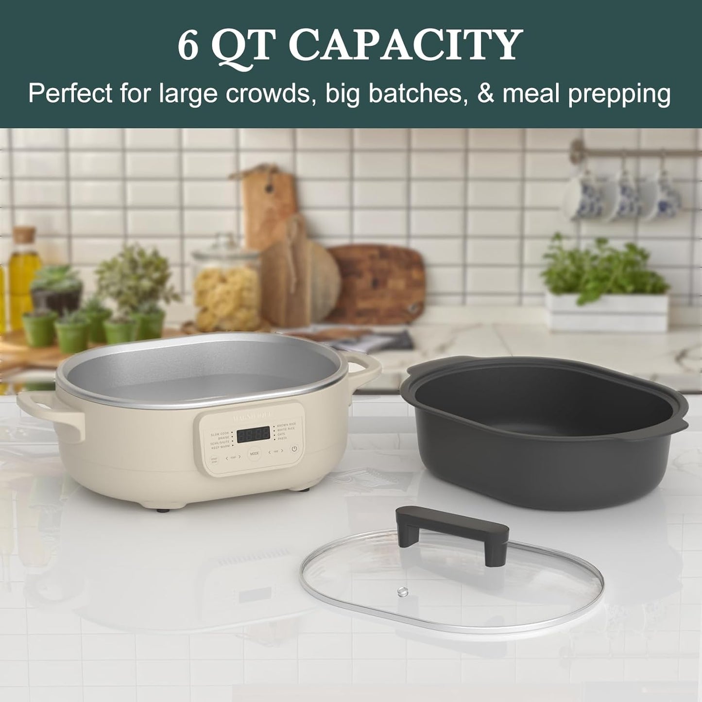 6 Quart Multi-Cooker, with 8-in-1 Casserole Programmable Slow Cooker, Dutch Oven, Pasta, Nonstick, Oven Safe Pot to 500°F Oatmeal Oatmeal