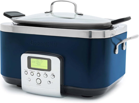 GreenPan Elite 8-in-1 Programmable 6QT Electric Slow Cooker,Dishwasher Safe Lid & Removable Crock, PFAS-Free Healthy Ceramic Nonstick Multi-Cooker,Sear, Sauté,Brown,Steam Basket,Roast, Oxford Blue