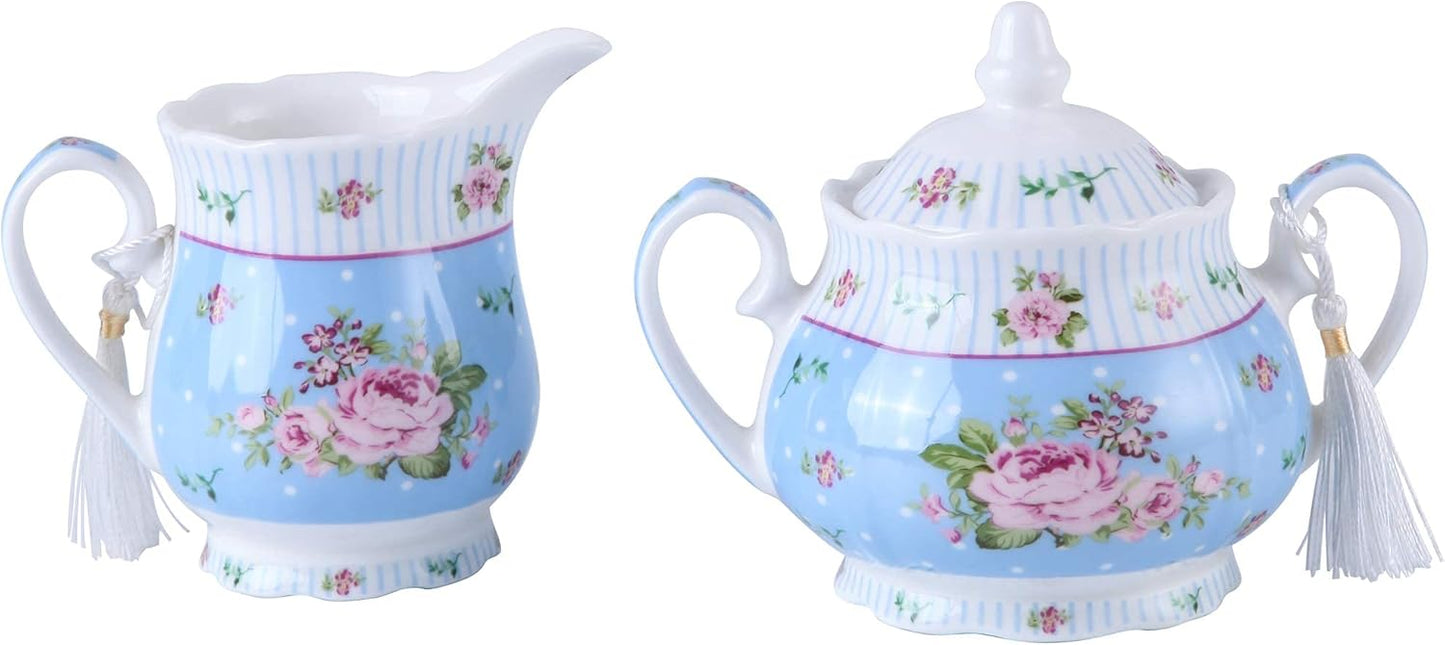 London Boutique Porcelain Teapot Sugar Bowl and Cream Milk Jug Shabby Chic Vintage Floral in Gift box 40oz (Cream & Sugar Set Rose Blue)