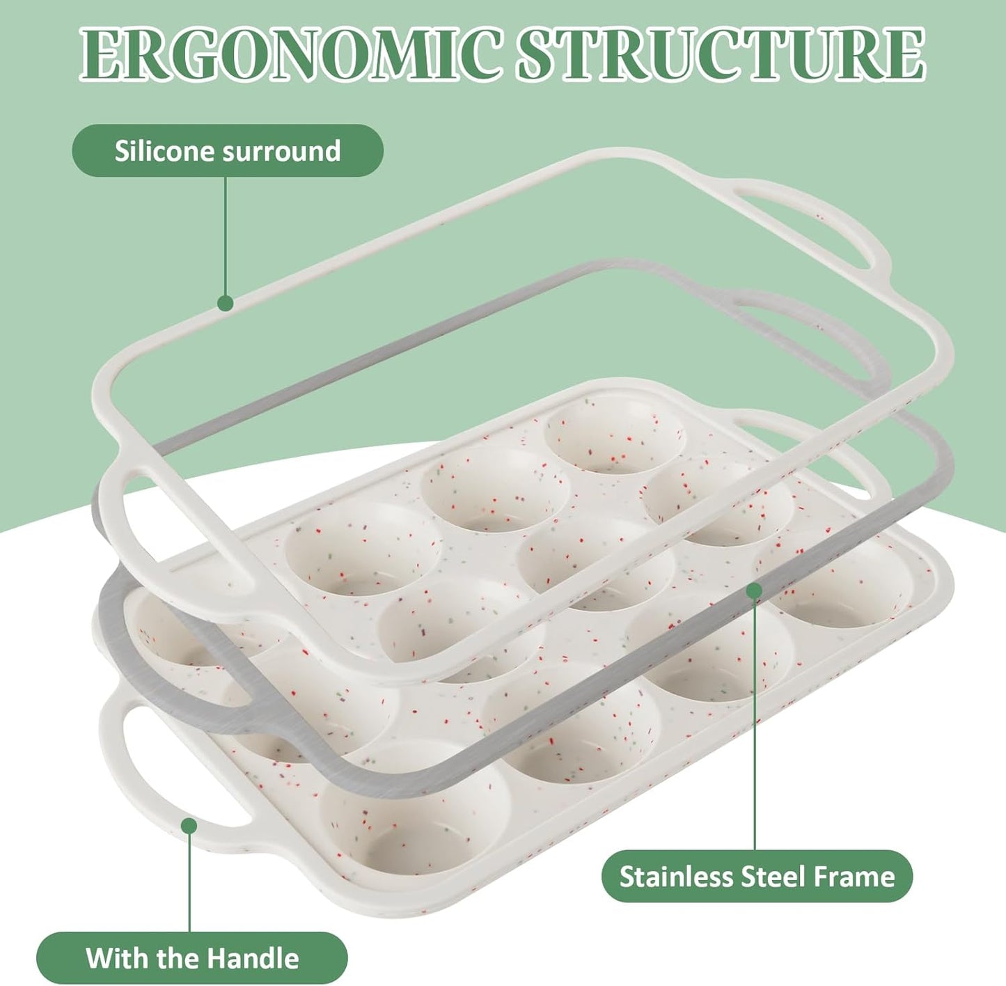 3 Pack Silicone Muffin Pans for Baking 12 Cup Mini Silicone Cupcake Pan with Metal Reinforced Frame, Nonstick Baking Cups BPA Free Siliconee Cupcake Molds for Oven Dishwasher Safe, Cream