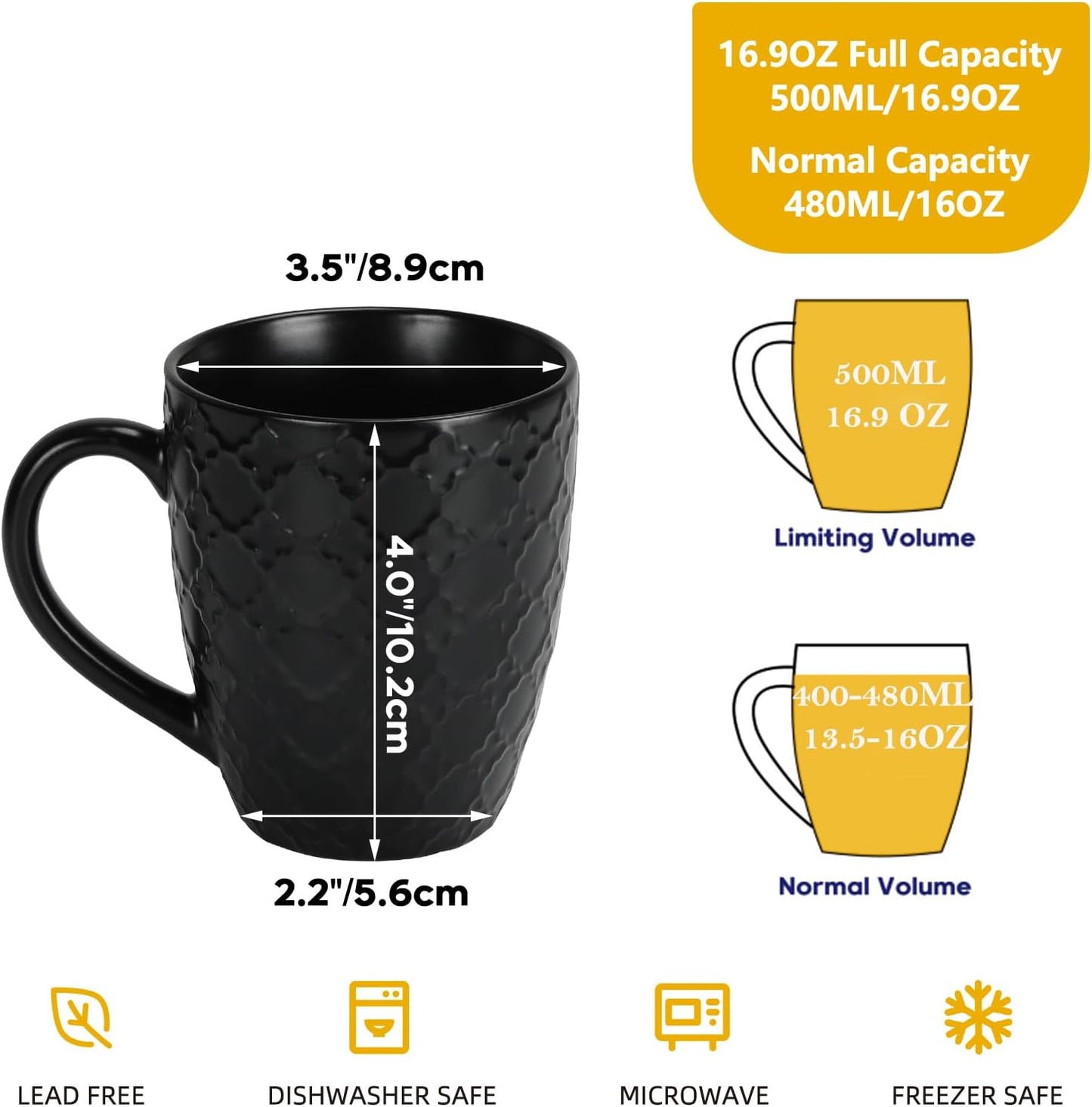 Schliersee 16 OZ Black Coffee Mugs Set of 6, Geometric Pattern Porcelain Coffee Cups for Latte, Hot Tea, Cappuccino, Mocha, Cocoa, Espresso cups, 500ML