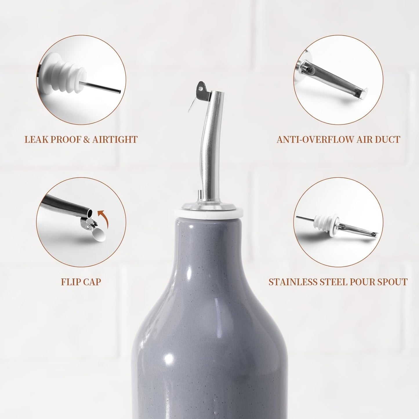 famiware Milkyway 16oz Ceramic Olive Oil Dispenser Bottle, Olive Oil and Vinegar Dispenser Bottle Set of 2 with Stainless Steel Pourers, Suitable for Storage Vinegar, Liquids, Light Gray and Dark Gray