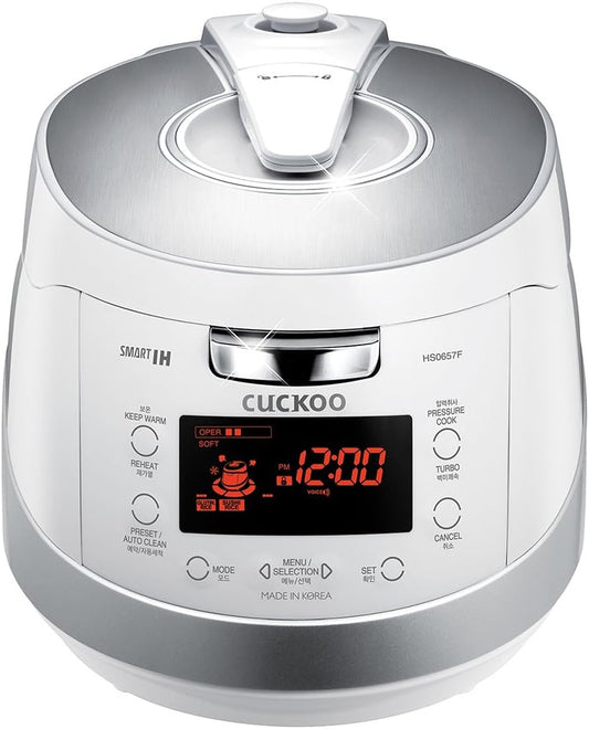 CUCKOO CRP-HS0657FW 6-Cup (Uncooked) / 12-Cup (Cooked) Induction Heating Pressure Rice Cooker with Nonstick Inner Pot, 16 Menu Modes, Safe Steam Release, Korean Voice Guide, Auto Clean (White/Silver)