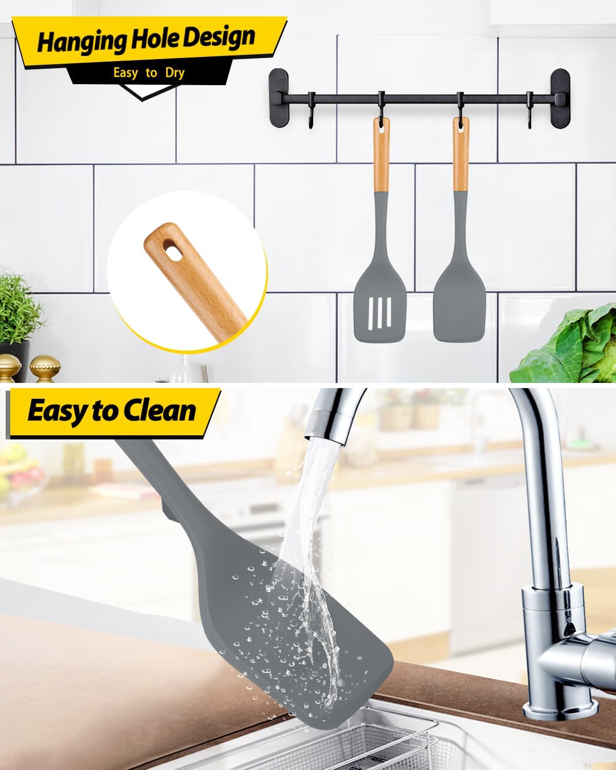 Pack of 2 Large Silicone Spatula, Heat Resistant Solid Turner, Non Stick Slotted Spatulas with Wooden Handle, Ideal Kitchen Utensils for Flipping, Pancakes, Eggs, Fish(GRAY)