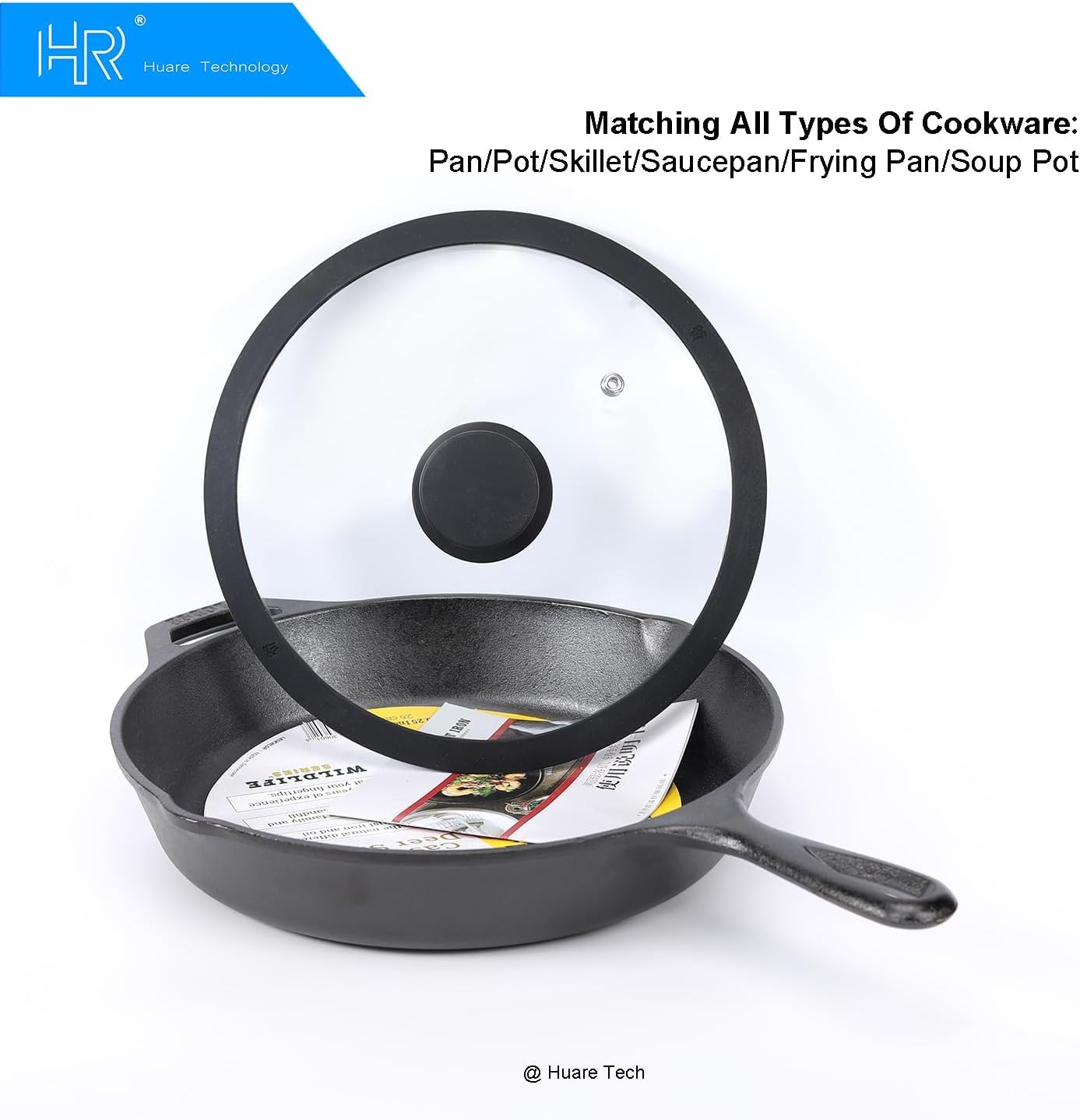 Silicon Glass Lid for Pot,Pan,Skillet Fits 8"(20CM) Cookware Silicon lid Dishwasher Safe, Replacement Lid Vented Tempered Glass with Heat Resistant Silicone Rim By HR Huare Technology, Black,1 Pack…