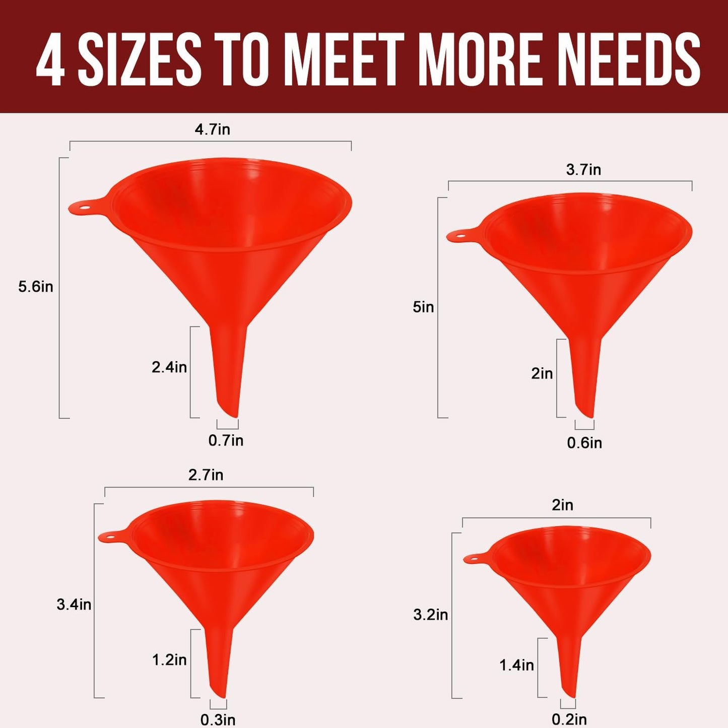 walfos 4pcs Kitchen Plastic Funnel (NO BPA),Automotive Funnel for Liquid Transfer,funnels for Filling Bottles, containers or Kitchen funnels for Laboratory use. red（4.7in&3.7in&2.7in&2in