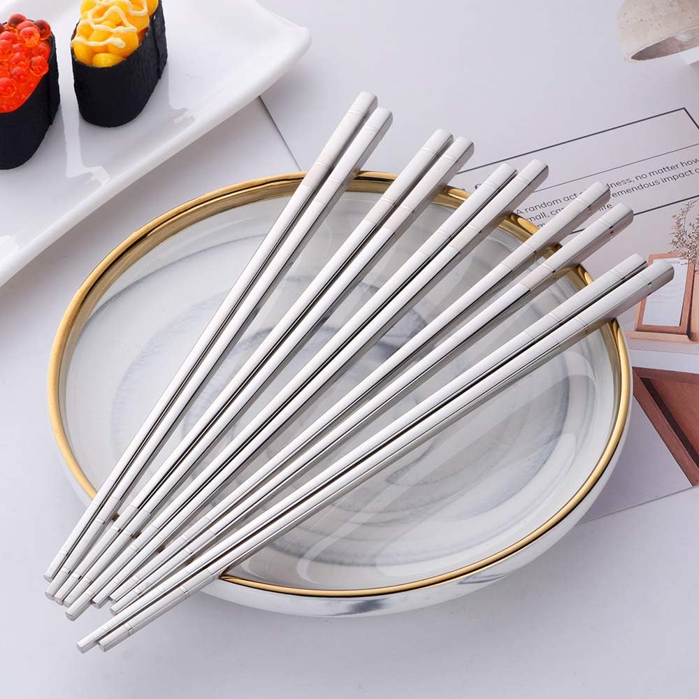 Buyer Star 5-pair Stainless Steel Chopsticks - Silver Metal Reusable Chinese Square Chopsticks