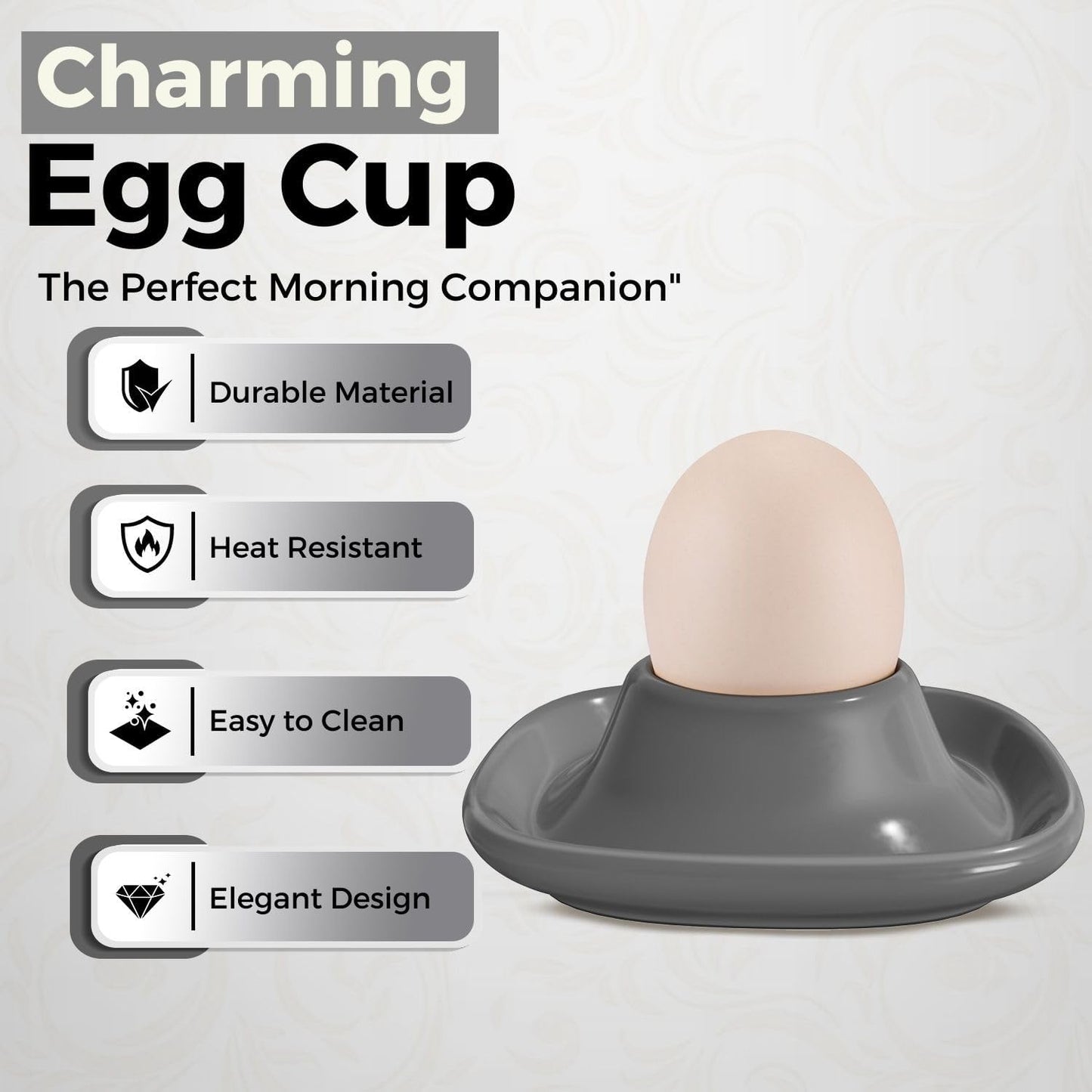 Flexzion Egg Cups for Soft Boiled Eggs - Set of 6 Ceramic Egg Holder - Stackable Egg Coddler Cups with Base for Serving, Breakfast, Brunch - Kitchen Table Decor, Gray