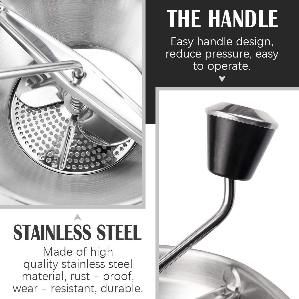 Stainless Steel Potato Ricer with 3 Interchangeable Discs – Heavy Duty Food Mill for Perfect Mashed Potatoes, Tomato Sauce, Canning, Baby Food