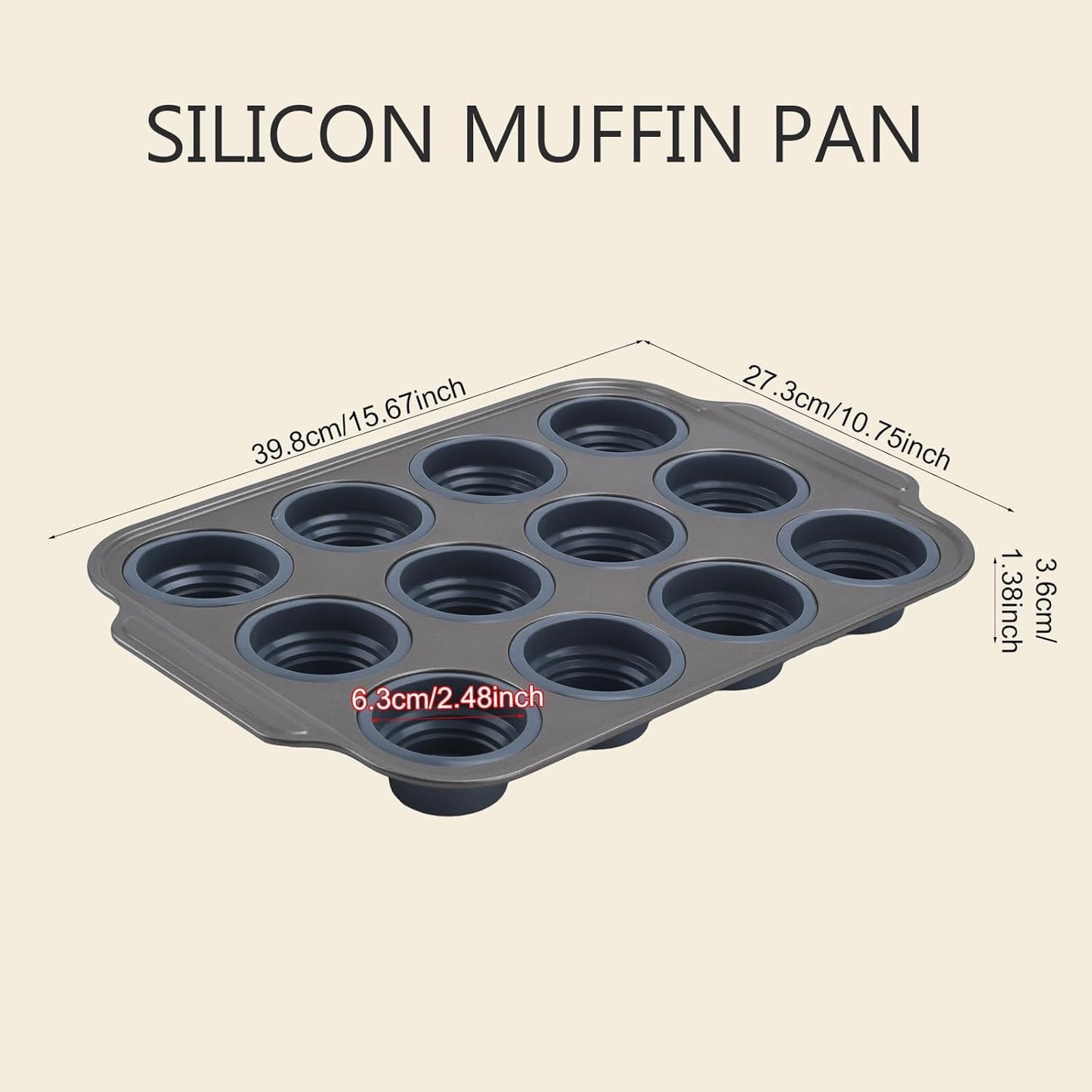Silicone Muffin Pan, 12 Cups Cupcake Pans with Metal Frame Nonstick Muffin Tins Easy to Pop Out for Baking Cupcake Egg Bites BPA-free Cupcake Pan Mold (12 Cups Grey)