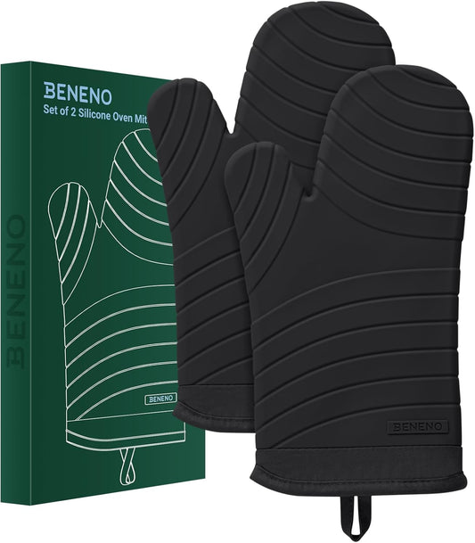 Beneno BPA-Free Silicone Oven Mitts, Heat Resistant Waterproof Oven Mitts with Non-Slip Textured Grip, Comfortable Quilted Lining, Kitchen Pot Holders for Cooking, Baking, Grilling, 7"x13", 2Pcs Black