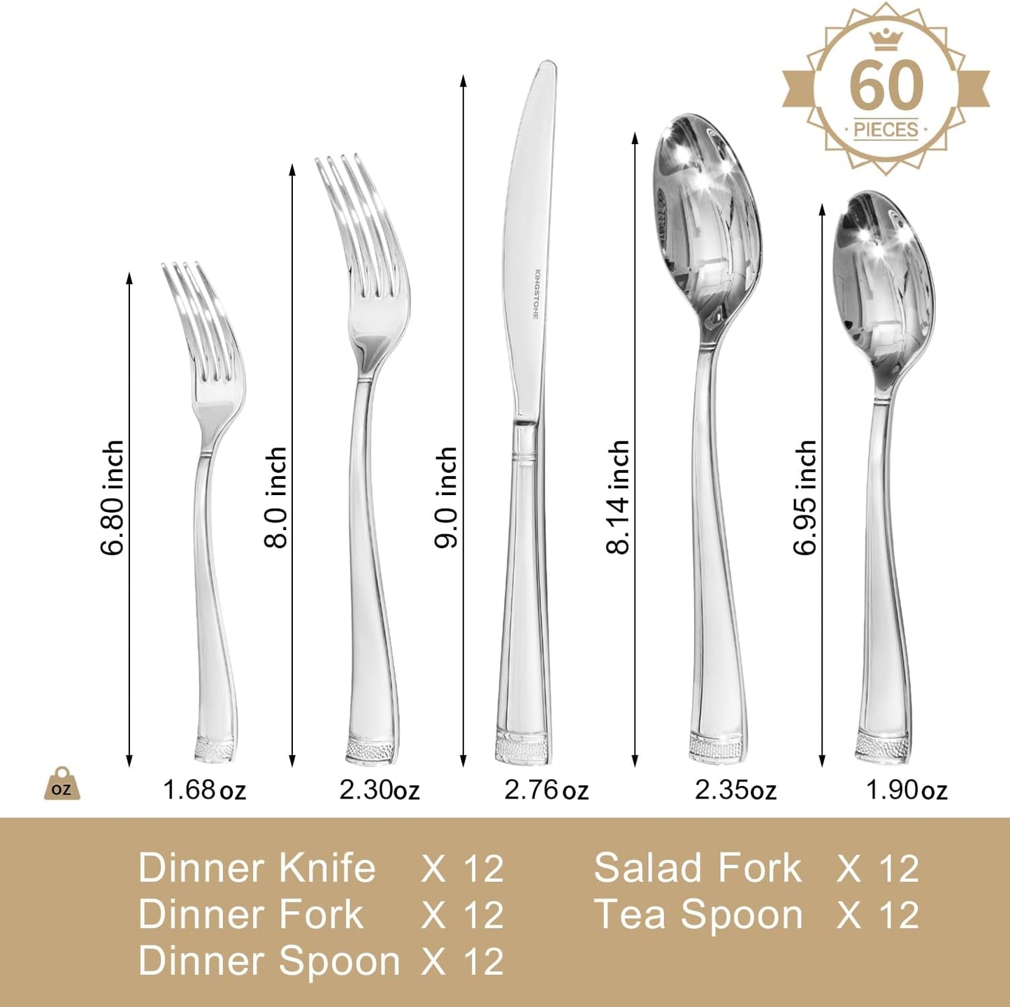 KINGSTONE Silverware Set, 60-Piece Flatware Set for 12, 18/10 Stainless Steel Cutlery Set with Bead Edge, Utensil for Kitchen, Home, Party, Wedding, Mirror Polished, Dishwasher Safe, Featured Gifts