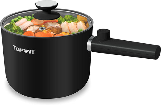 Topwit Hot Pot Electric, 1.5L Ramen Cooker, Portable Non-Stick Frying Pan, Electric Pot for Pasta, Steak, BPA Free, Electric Cooker with Dual Power Control, Over-Heating & Boil Dry Protection, Black