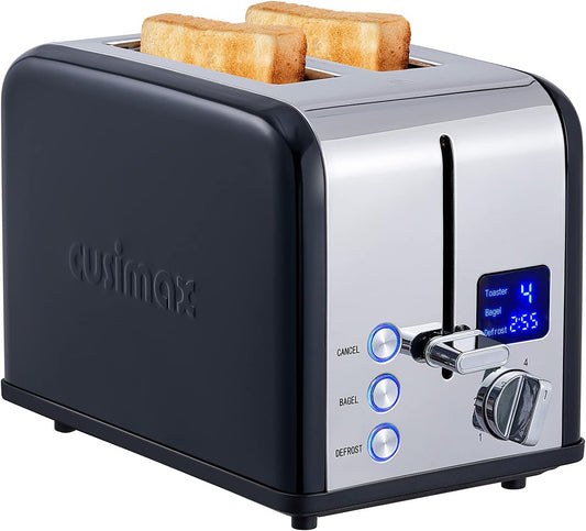 CUSIMAX 2 Slice Stainless Steel Toaster With Large LED Display, 1.5'' Extra-Wide Slots, 6 Browning Settings, Cancel/Bagel/Defrost Function, Removable Crumb Tray, Black