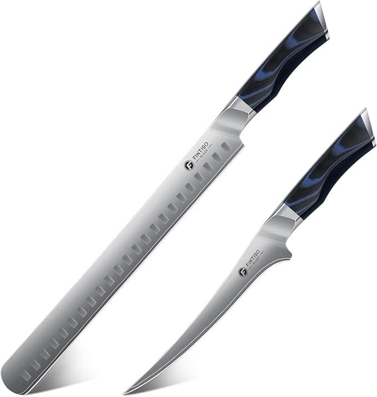FINTISO Professional BBQ Carving Knife Set, Brisket Slicing and Fillet Knife for Meat Cutting, Japanese High Carbon Steel Slicing Knives with G10 Handle, Full Tang Ultra Sharp Meat Cleaver