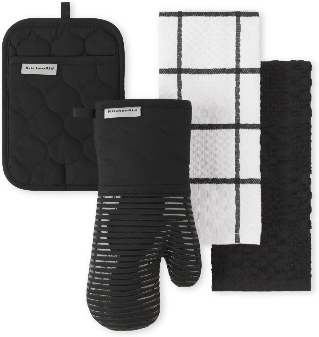 KitchenAid Quilted Cotton Terry Cloth Oven Mitt, Pot Holder Heat Resistant, 16"x26", 7"x13" & 7"x10", Matte Black