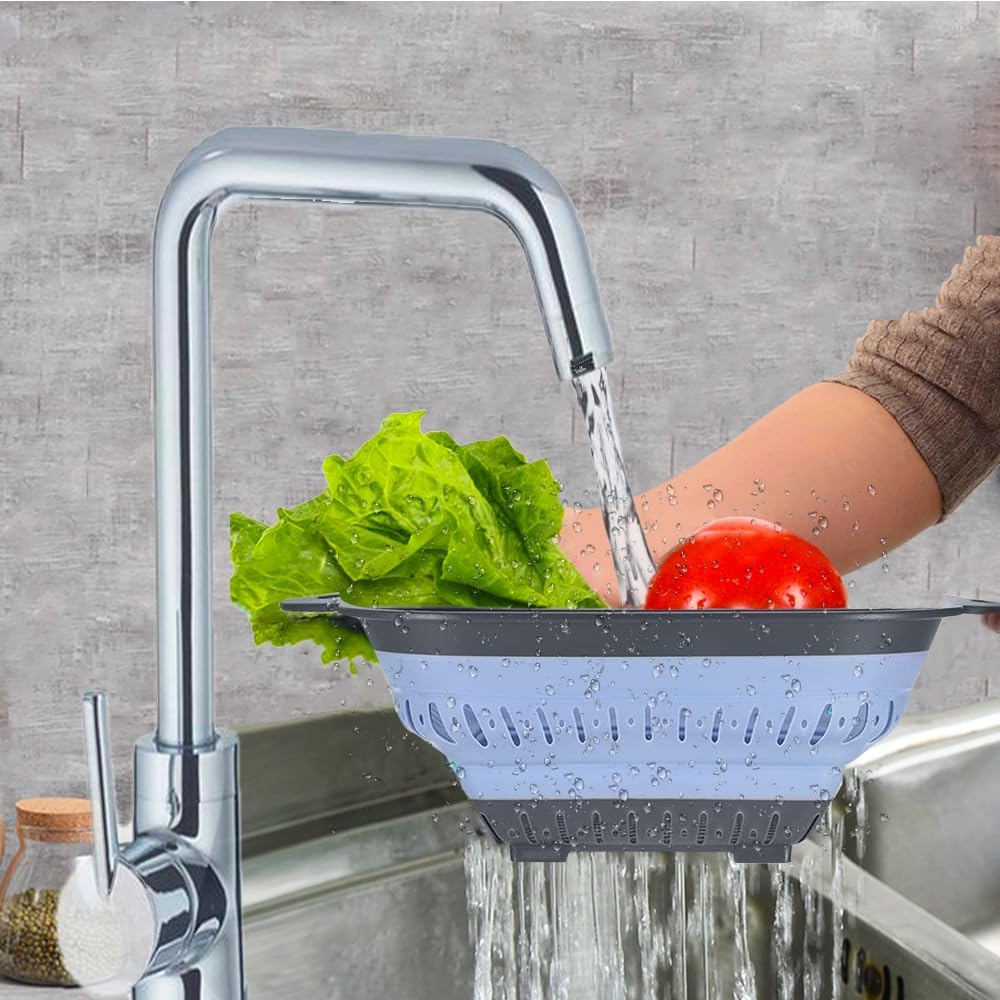 Collapsible Colander Set, Square Round Triangles Silicone Kitchen Strainer Perfect for Draining Pasta Vegetable fruit 2 PCS (10.8"L x 8.6"W x 2"H, Blue & Gray)