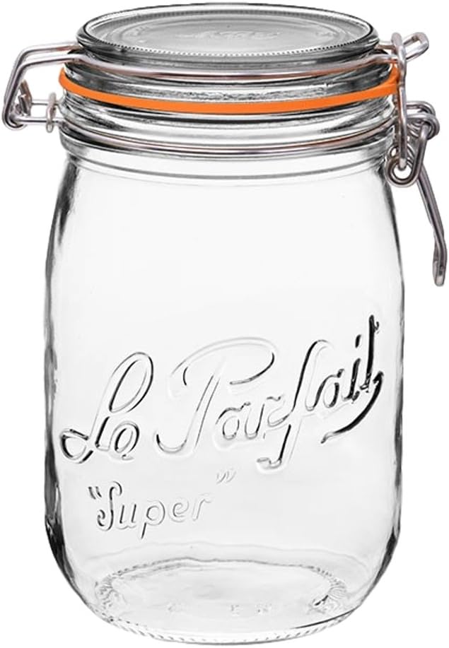 Le Parfait Super Jar, Canning Jar, 1L French Glass Canning Jar w/Round Body, Glass Jar With Airtight Lid, Canning Jar Wide Mouth, Glass Jar With Lid, Clear Jars, Clear Glass Jars (32oz/Quart, 1 pk)