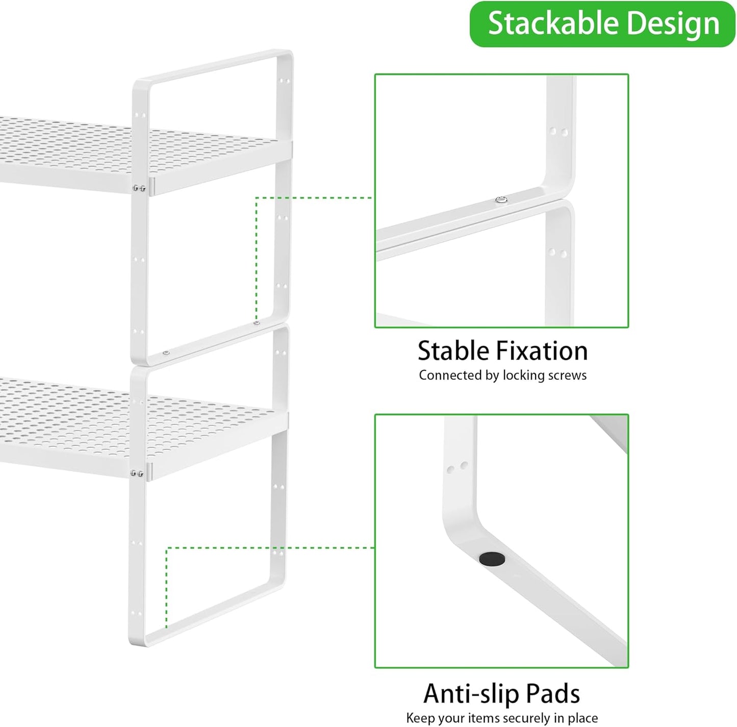 Expandable Cabinet Storage Shelf Stackable Organizer Rack for Kitchen Bathroom Pantry Spice Cupboard Coffee Countertop Home Office Desk Heavy Duty Nonslip White Large 3 Packs