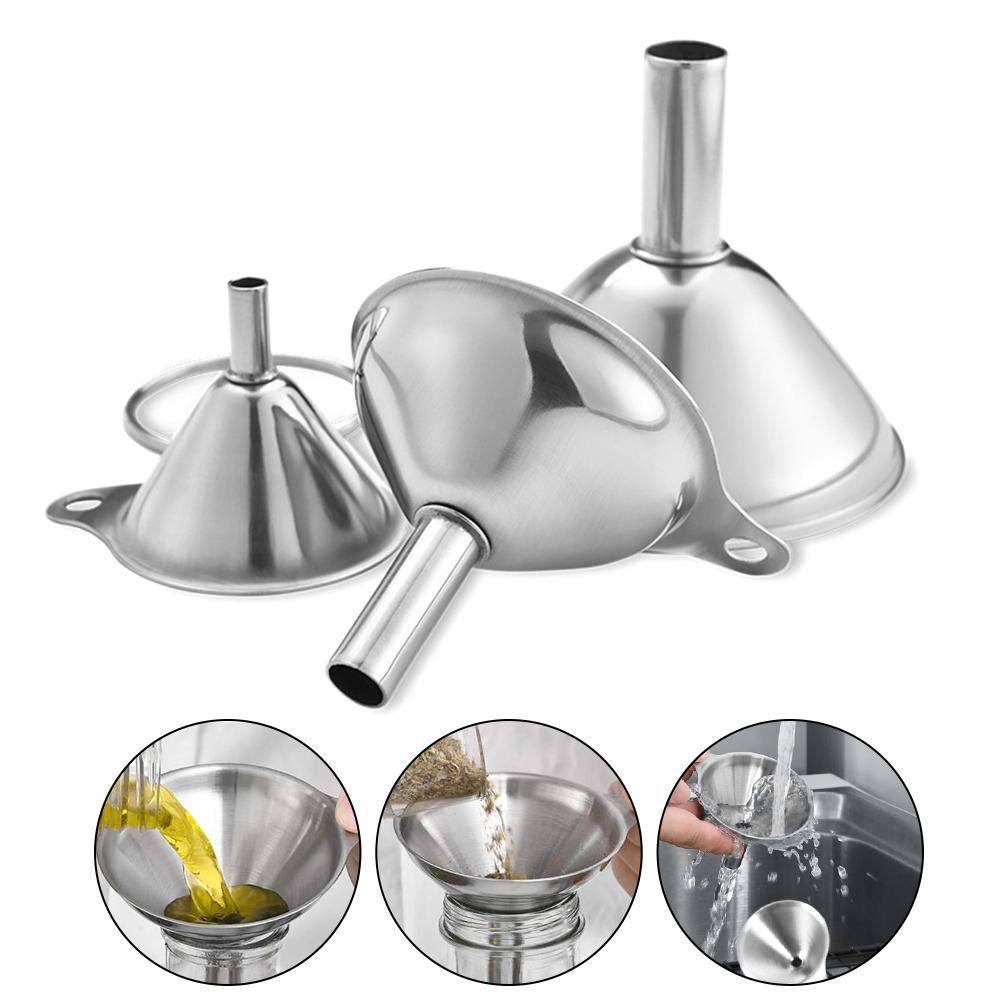 3 in 1 Metal Small Funnels for Filling Bottles Stainless Steel Small Kitchen Funnel Set for Transferring Essential Oils Liquid Fluid Spice Dry Ingredients Powder, Durable and Dishwasher Safe