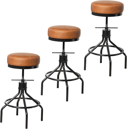 Industrial Bar Stools Set of 3 Adjustable Swivel Barstools Modern PU Leather 28inch Round Backless Counter Height Stool Metal Bar Chair for Kitchen Island (3, Brown)