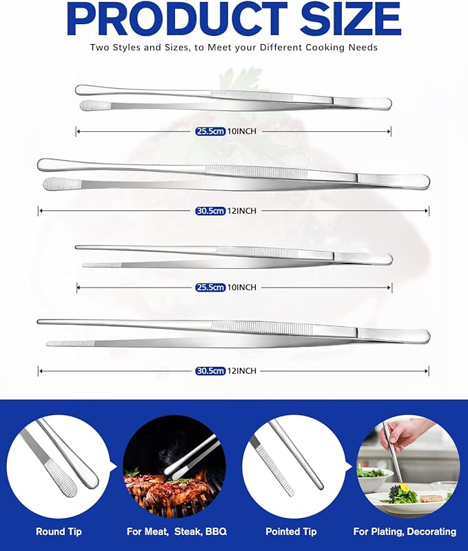 4 Pcs Fine Long Tweezer Tongs Professional Silver, 12'' and 10'' Stainless Steel for Kitchen, Food, Cooking, Repairing, Sea food and BBQ