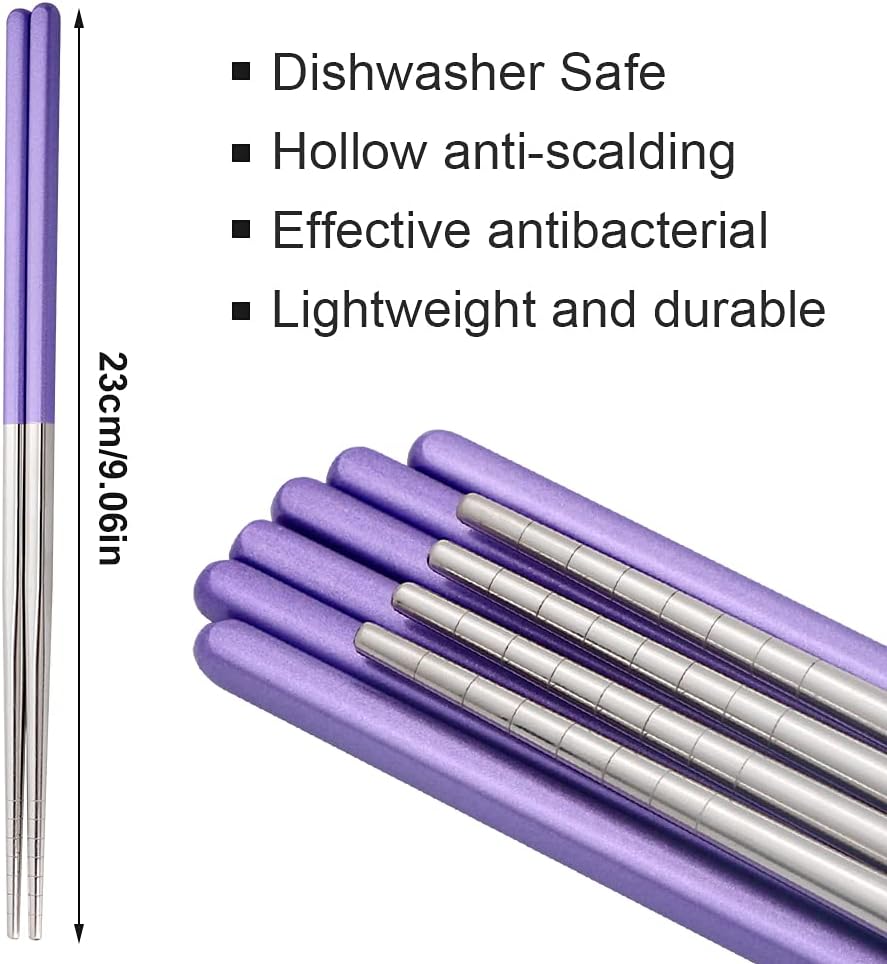 Stainless Steel Chopsticks Reusable Multicolor Lightweight 304 Metal Chopsticks Dishwasher Safe - 5 Pairs (Purple)