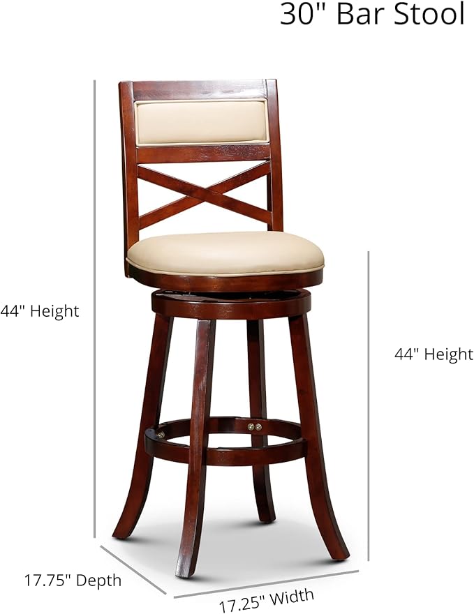 DTY Indoor Living Meeker X Back Bonded Leather Swivel Stool, 30" Bar Height, Cherry Finish, Bone Leather Seat