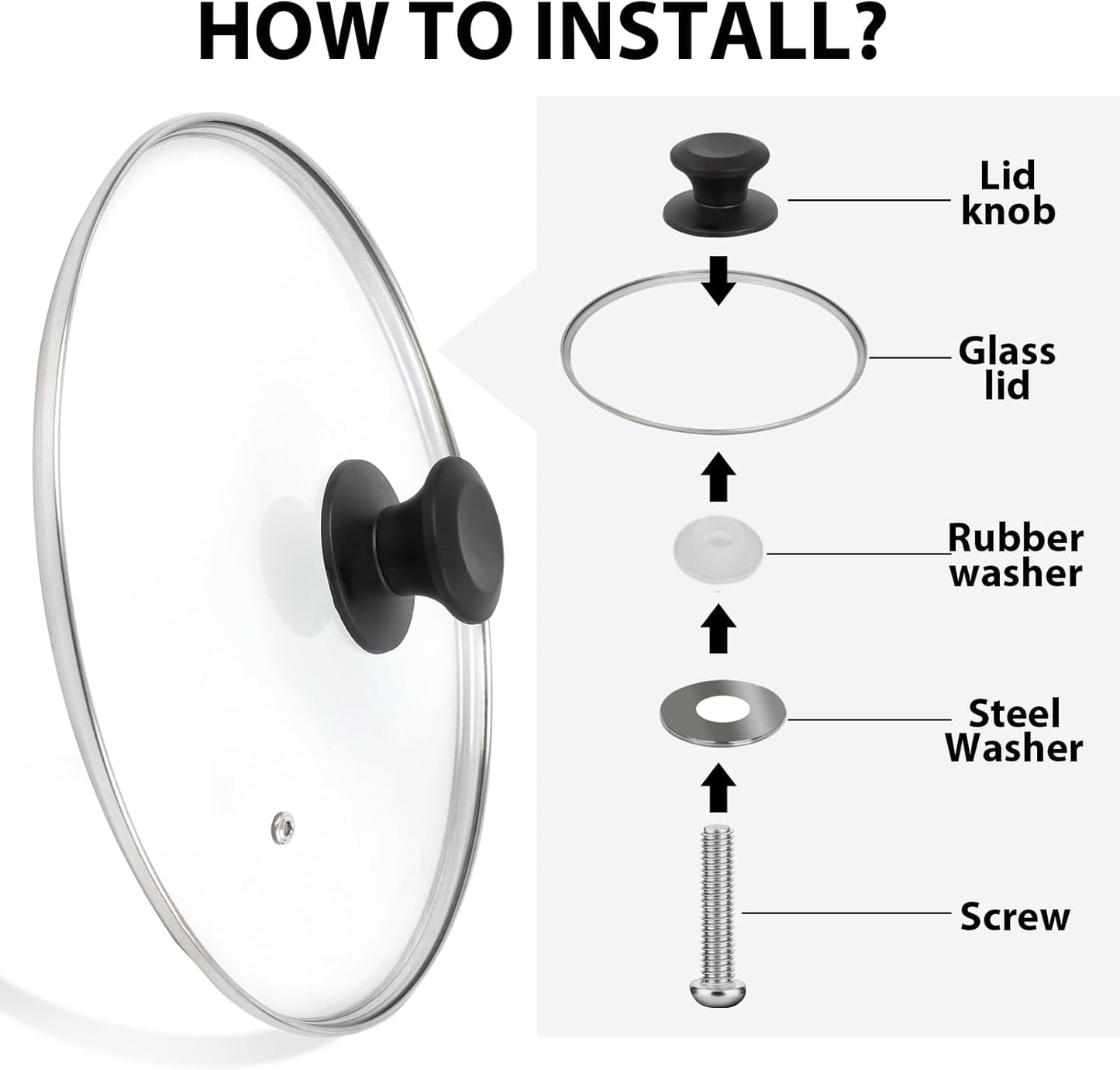 12 inch Tempered Glass Lid for Pots, Frying Pans and Skillets, Replacement Cover with Heat Resistant Black Knob Handle, Dishwasher Safe