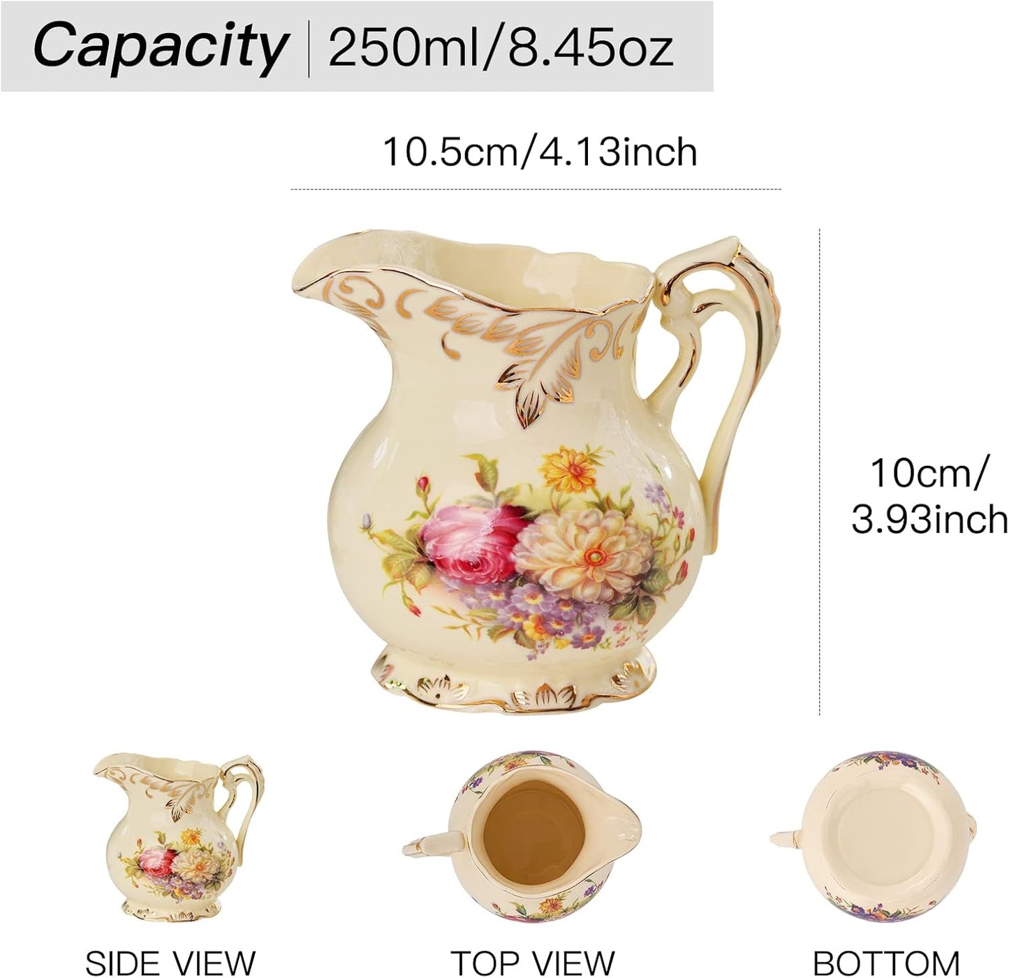 YOLIFE Ceramic Sugar and Creamer Set, Vintage Ivory Flowering Shrubs Golden Leaves Edge Porcelain Creamer Sugar Bowl with Lid Coffee Server Set Gifts