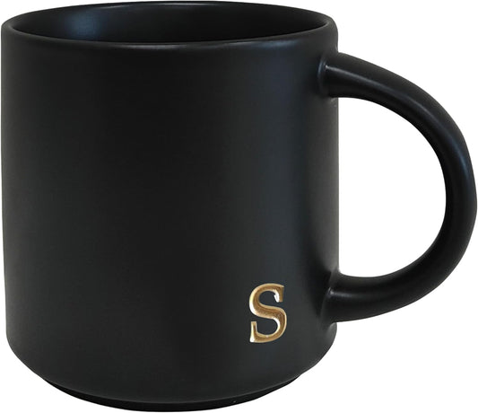 COLLECTIVE HOME - Black Monogram Ceramic Mugs, 15 oz Golden Initial Coffee Cups, Elegant Alphabet Tea Mugs, Personalized Halloween Mug with Gift Box, Perfect for Office and Home Décor (s)