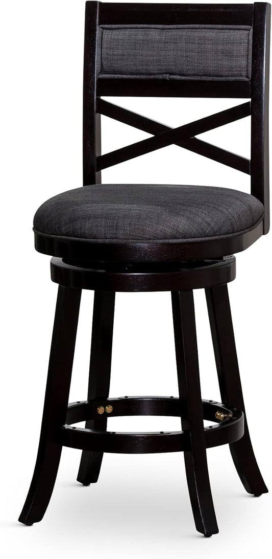 DTY Indoor Living Meeker X Back Fabric Swivel Stool, 30” Bar Height, Espresso Finish, Charcoal Fabric Seat