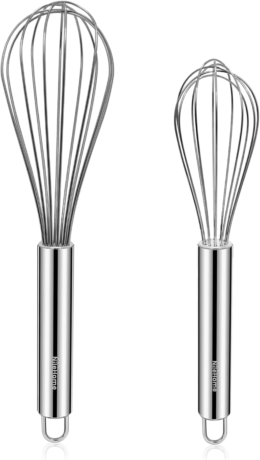 NileHome Whisk, Stainless Steel Wisk Set 8" 10" Kitchen Whisk Wisking Tool Kitchen Wisk Wire Whisks for Cooking, Whisking, Blending, Beating, Stirring-…