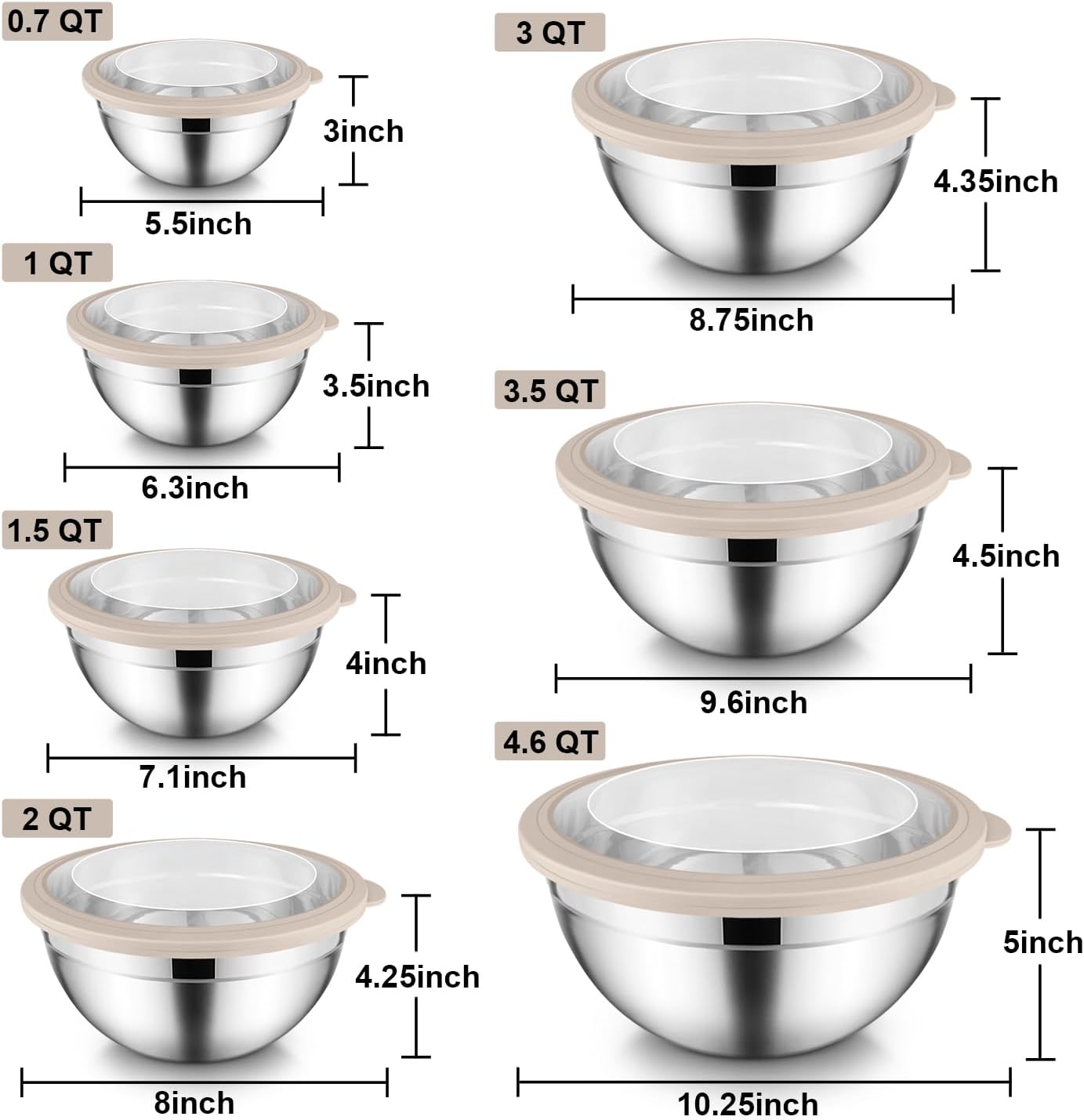 E-far Stainless Steel Mixing Bowls with Airtight Clear Lids Set of 7, Metal Nesting Bowls for Kitchen Prep, Baking, Cooking, Serving, Salad, Dishwasher Safe, Size 4.6, 3.5, 3, 2, 1.5, 1, 0.7QT, Khaki