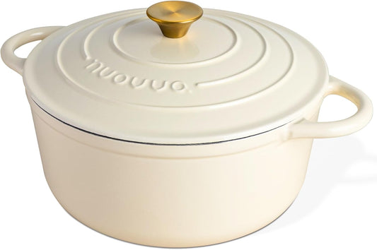Nuovva Enamelled Cast Iron Dutch Oven Pot with Lid – 6.4 Quart Non Stick Casserole Pot – Heavy Duty & Oven Safe up to 500° F for Bread Baking, Braising, Stews, Roasting – 28cm Cream